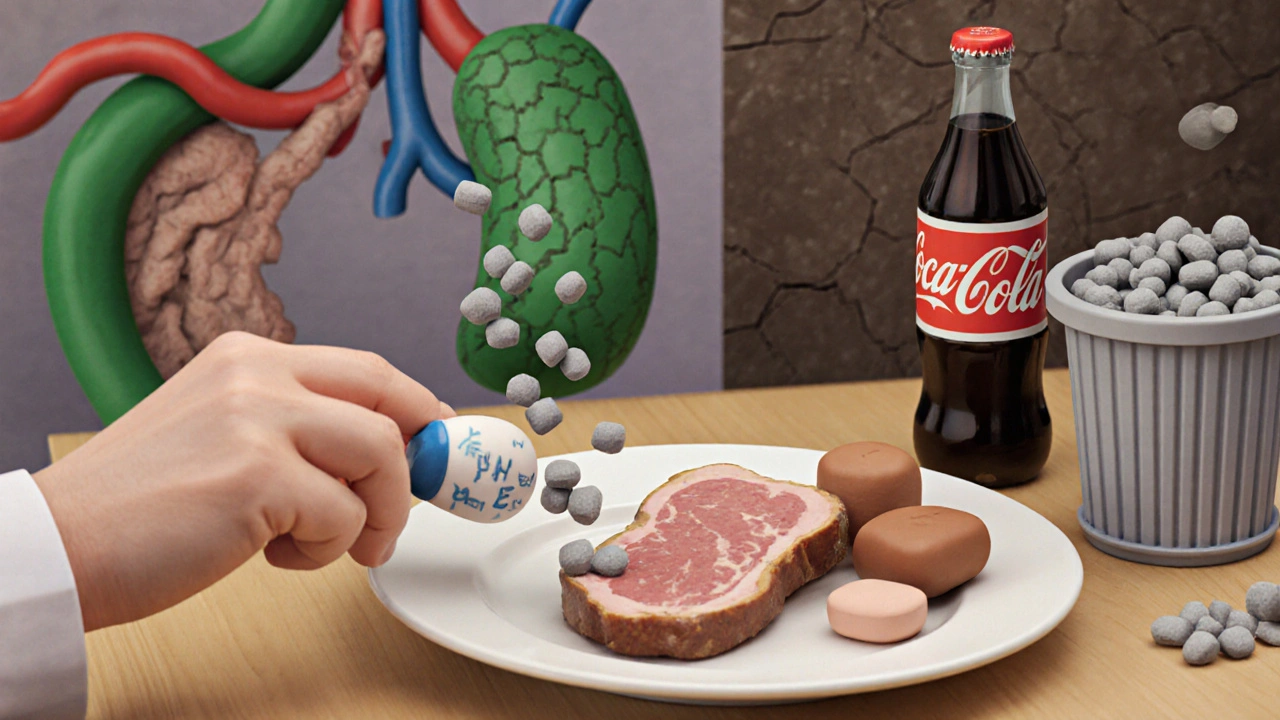 A patient eating with sevelamer pills binding phosphate from food into a trash bin, healthy arteries visible.