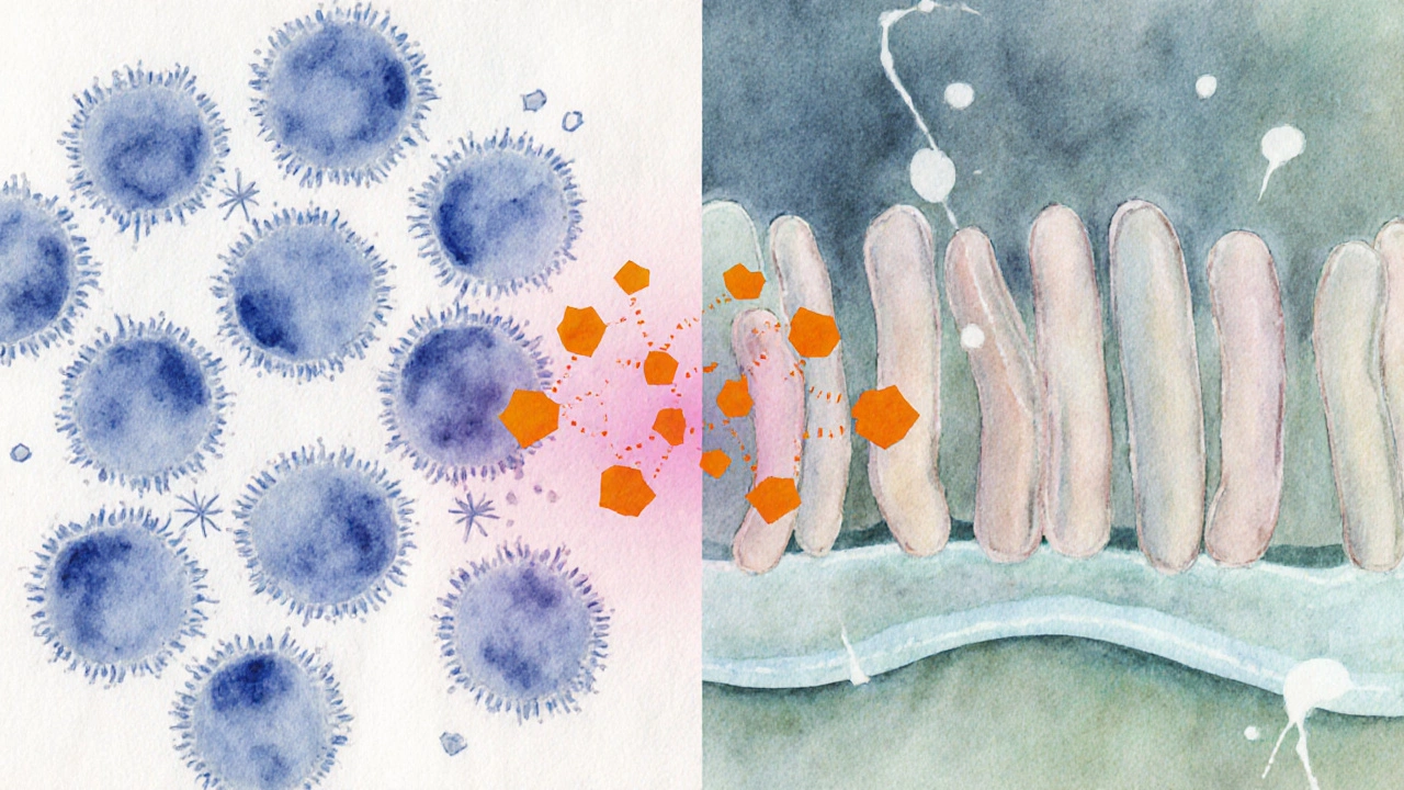 Artistic view of bacterial cells being disrupted by Ceclor CD molecules.