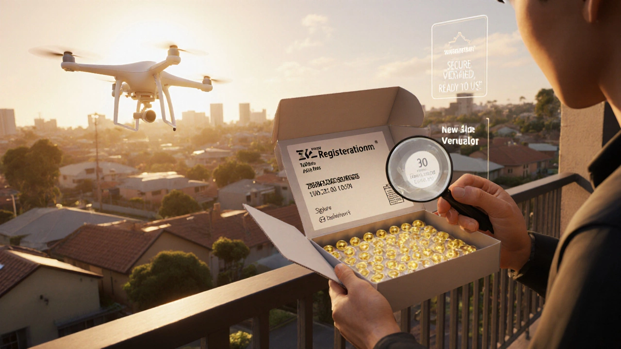 Avatar receives a verified package of generic Zovirax tablets on a balcony, drone nearby.