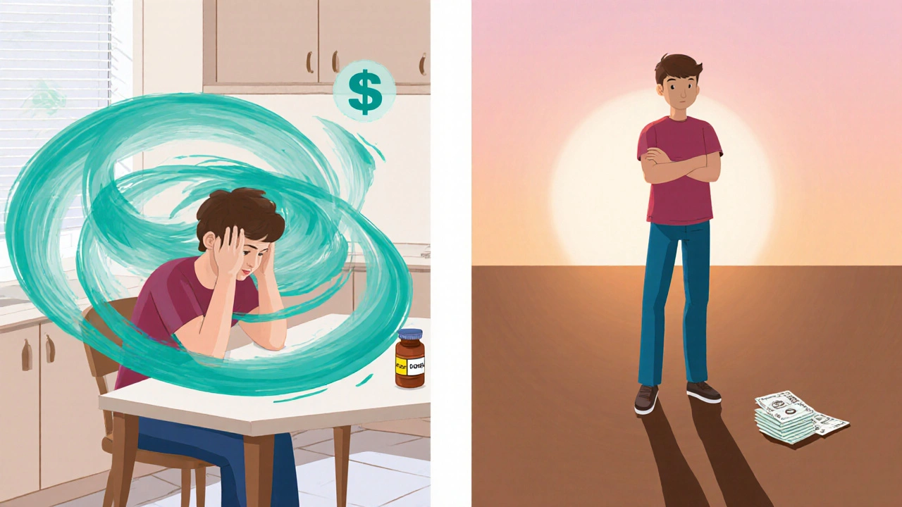 Before and after vertigo scene: dizzy figure with cost bubble transforms to stable figure with cheaper pill.