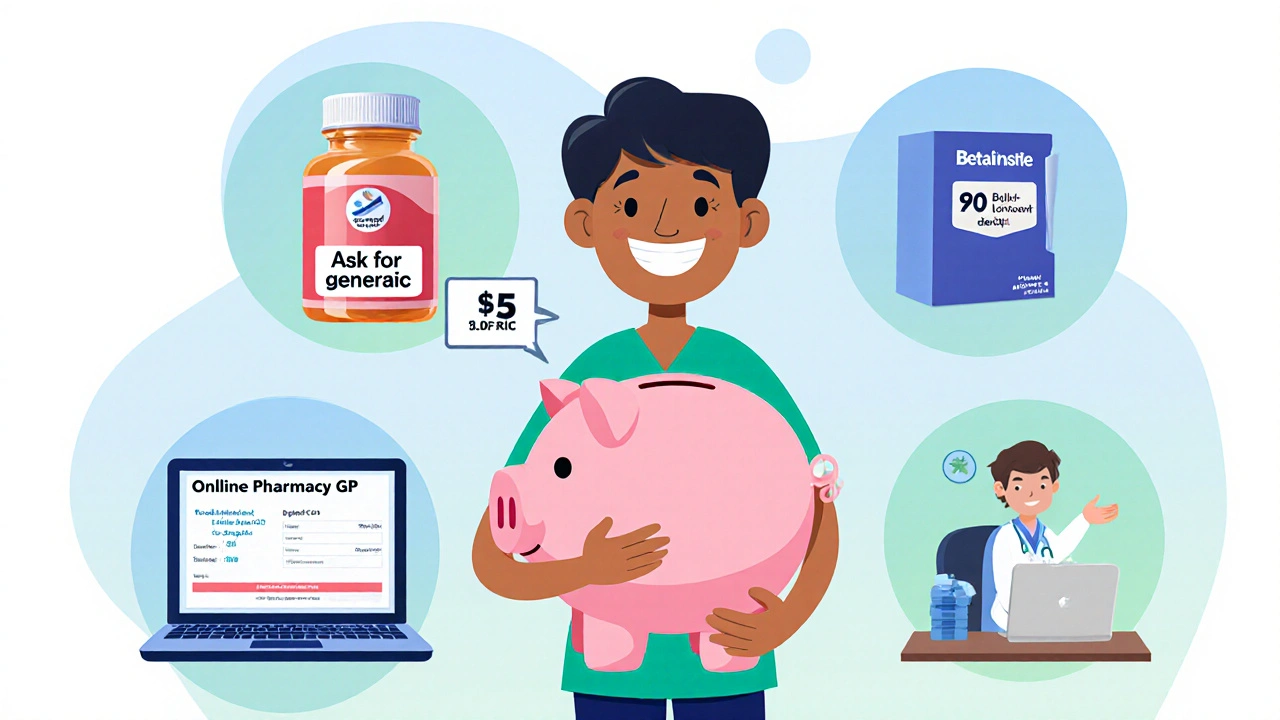 Cartoon of patient saving money using generic, bulk pack, online pharmacy, and bulk‑billing doctor.
