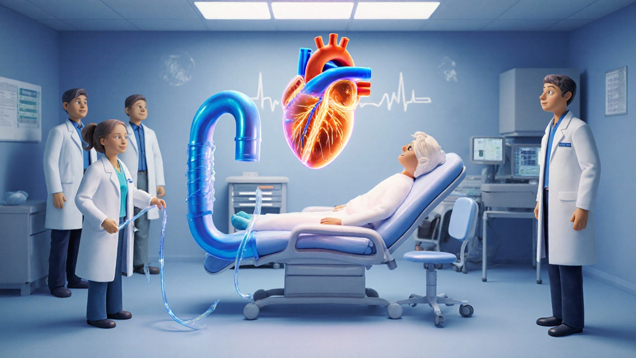 Clay catheters entering a vein with a glowing 3D heart mapping in a lab.