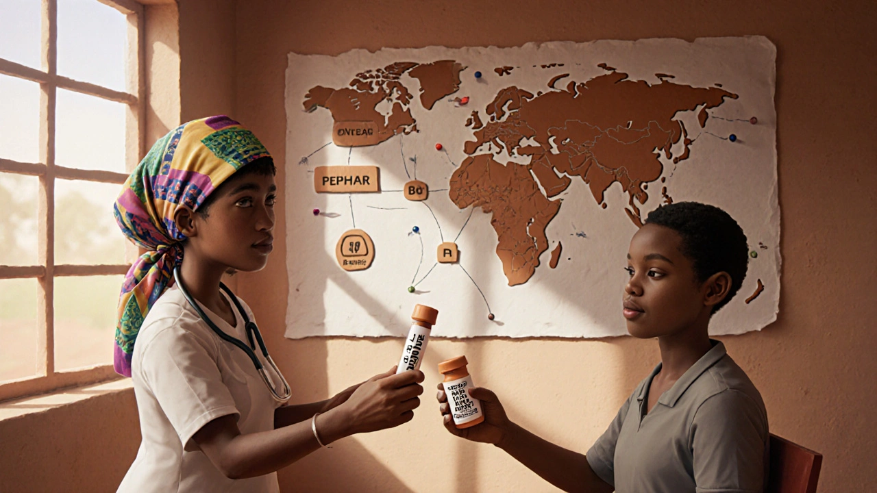 Clay clinic scene with nurse giving Abacavir pill and HLA test to patient, map of global fund.