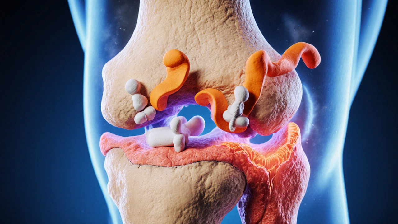 Clay cross‑section of knee showing indomethacin blocking COX enzymes and reducing inflammation.