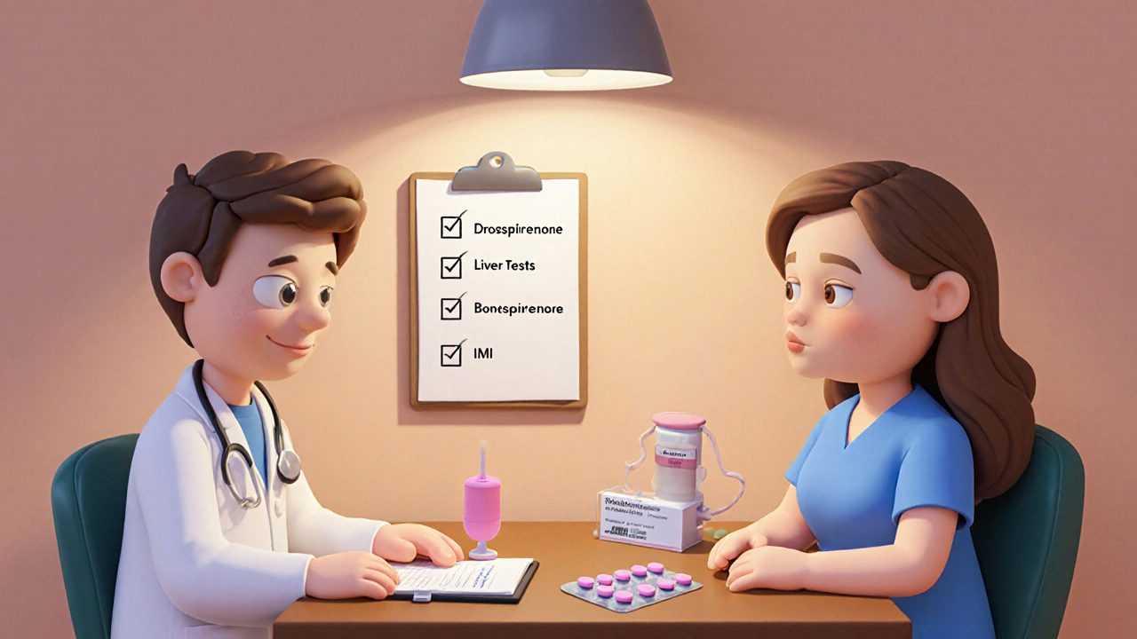 Clay doctor and patient discussing medication options with health check icons on a table.