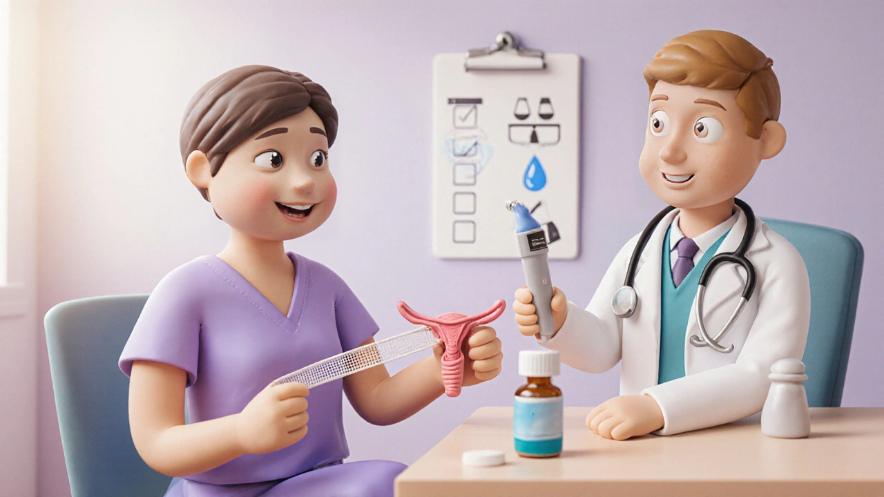 Clay doctor presenting a sling model to a patient with checklist icons.