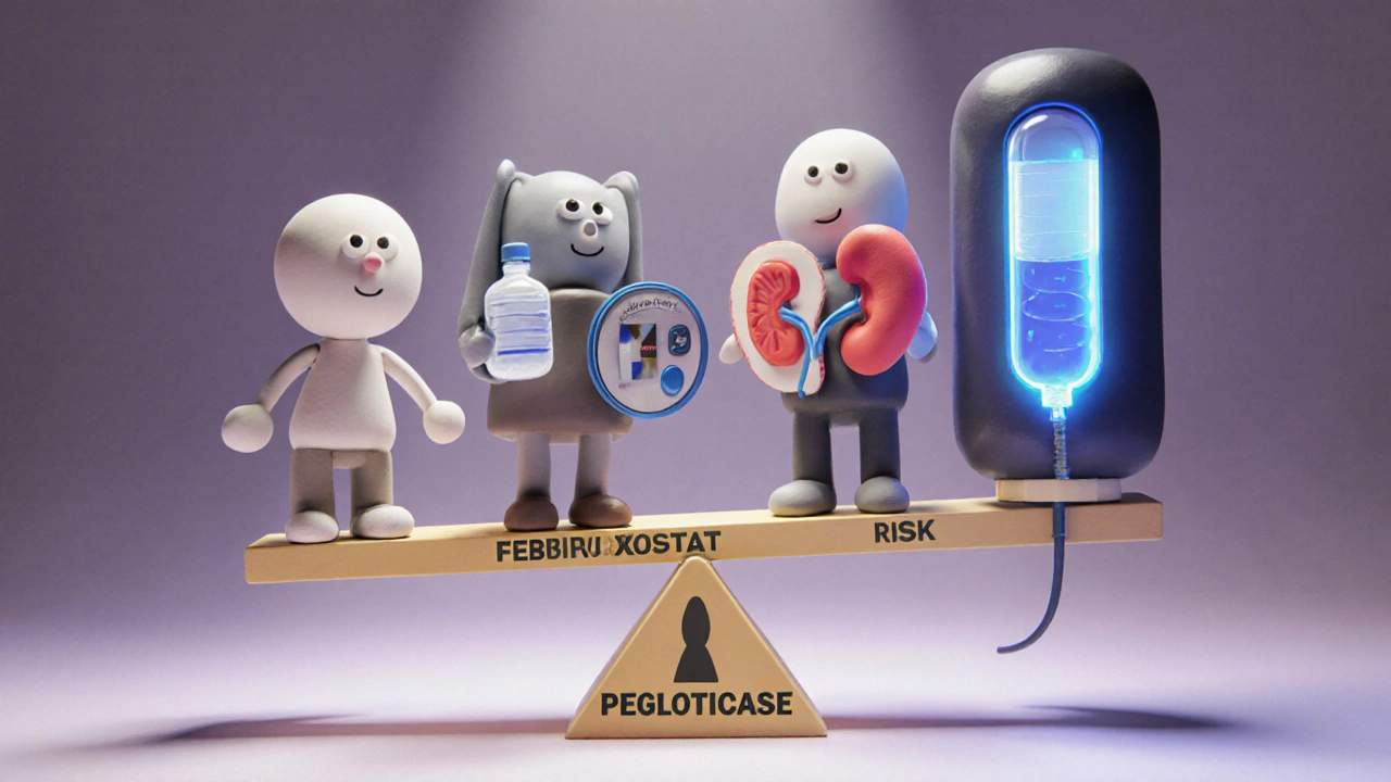 Clay figures of four gout medications compared on a risk-effectiveness scale