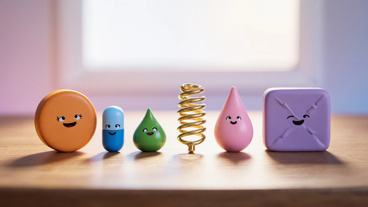 Clay figures of six different progestin medications arranged side by side on a table.