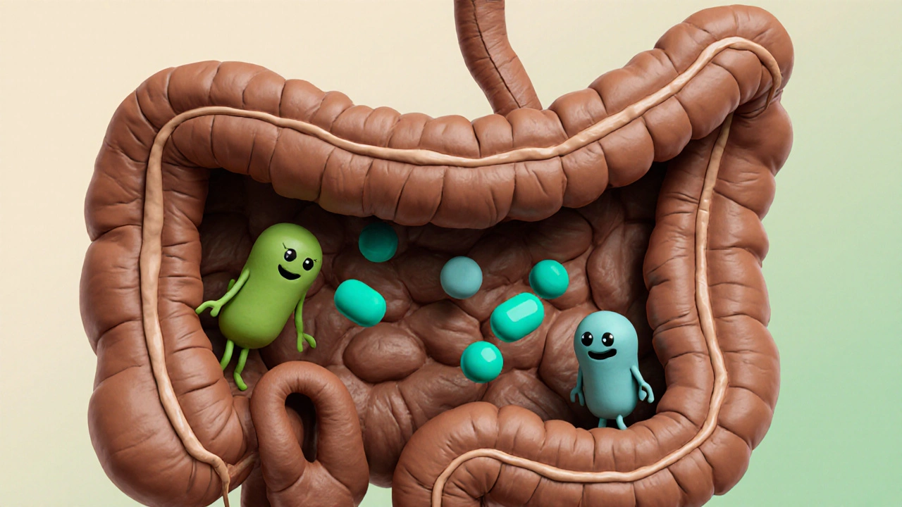 Clay illustration of tinidazole molecules attacking gut microbes.
