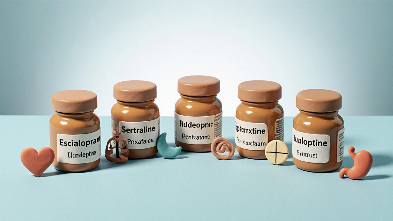 Clay jars of various antidepressants with icons for side effects.