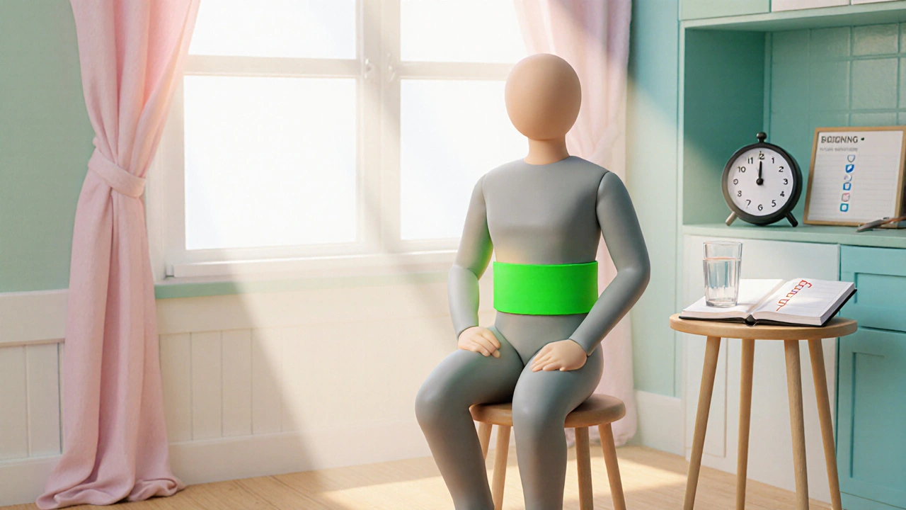 Clay person doing Kegel exercises beside water glass and a notebook.