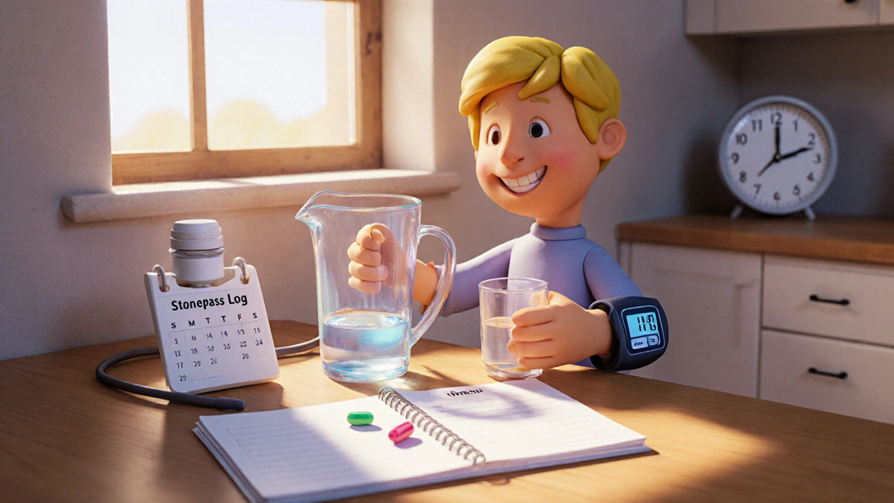 Clay rendering of a person drinking water, taking a pill, checking blood pressure, and marking a 14‑day calendar.