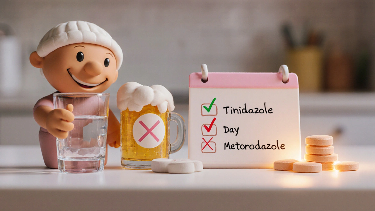 Clay scene showing water, no alcohol, calendar and tinidazole vs metronidazole pills.