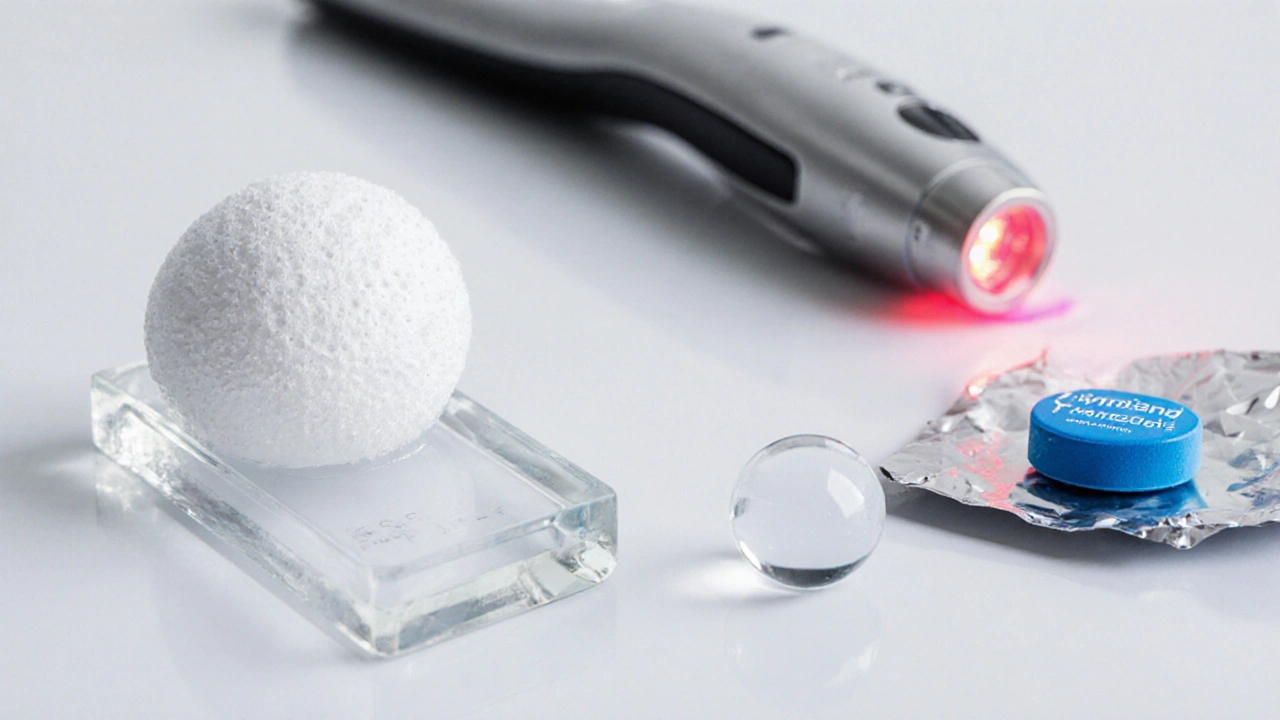 Close‑up of foam, liquid, tablet, and LLLT comb displayed on a lab table for hair‑loss treatment comparison.