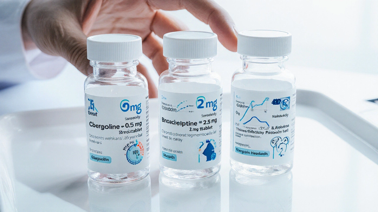 Close‑up of three medication bottles for cabergoline, bromocriptine, and quinagolide on a tray.