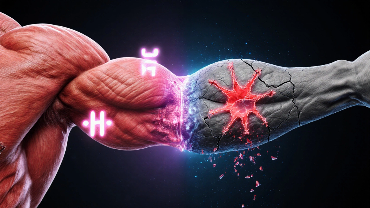 Contrast of healthy muscle with anabolic hormones versus atrophic muscle with cortisol.