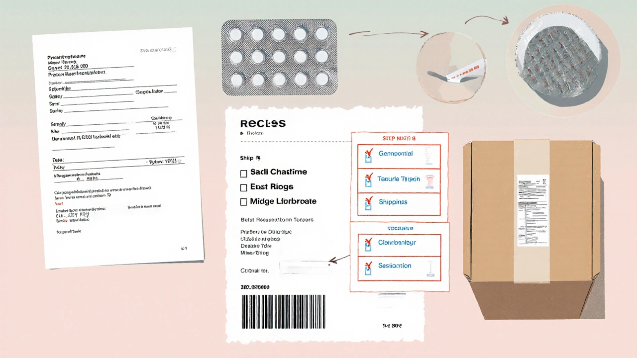 Desktop layout with prescription, sealed pill pack, shipping box, and checklist.