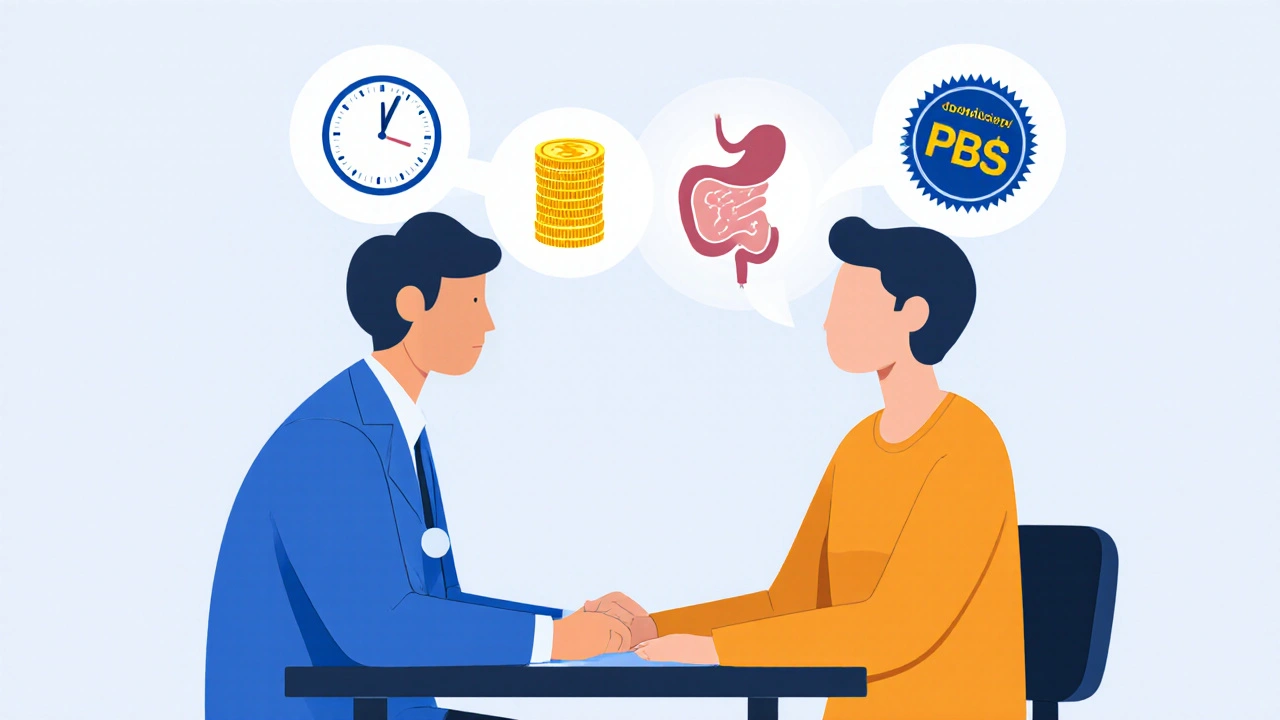 Doctor and patient discussing antibiotic choices with icons for cost, side effects, and dosing.