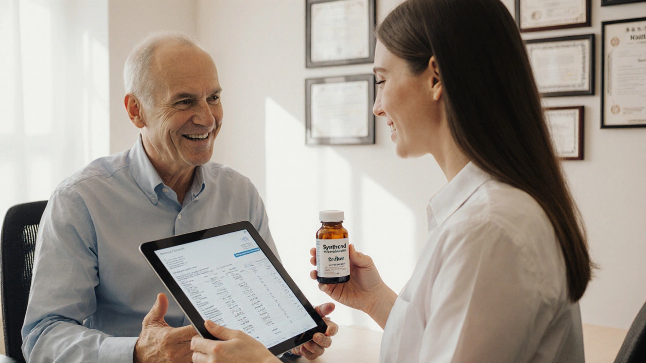 Doctor and patient discussing medication with lab results on tablet.