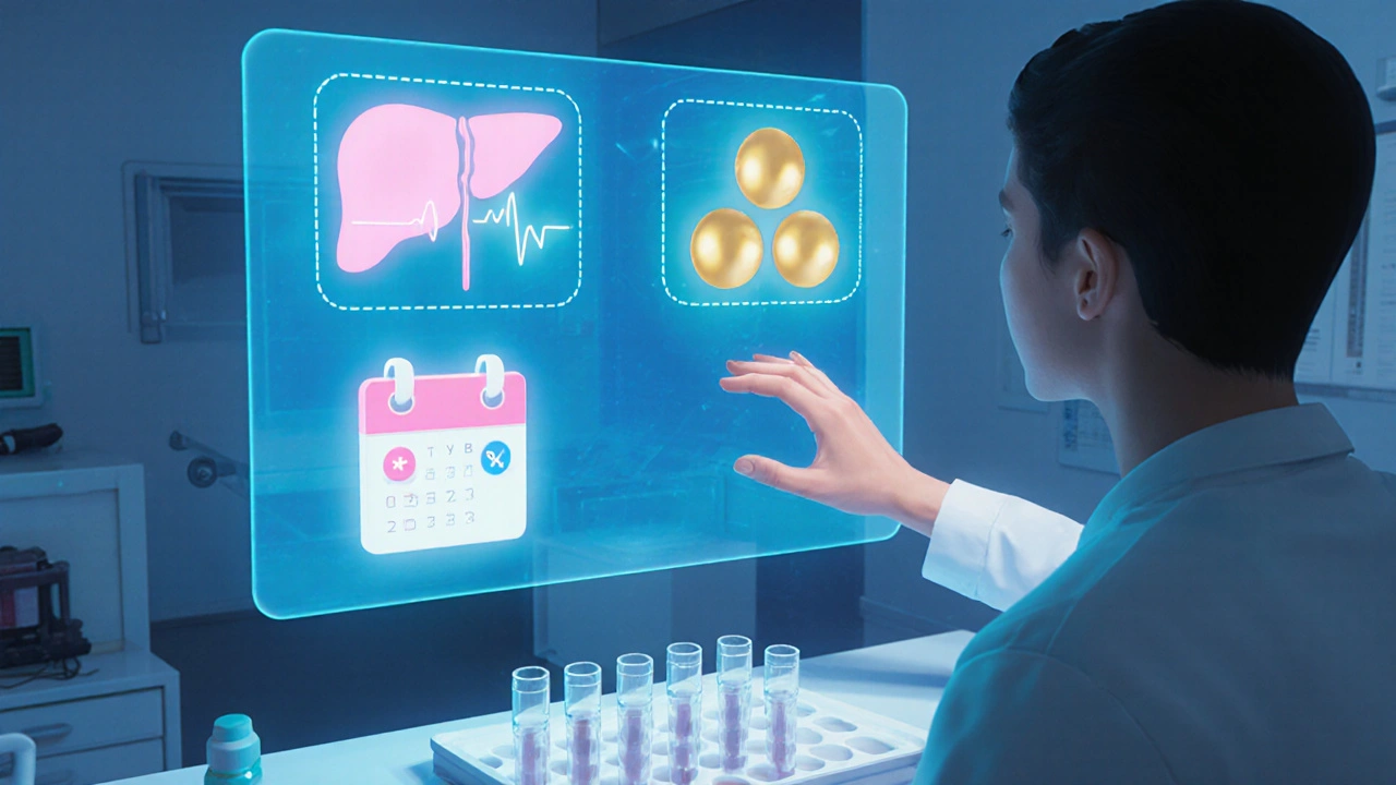 Doctor reviewing holographic icons of liver health, lipid levels, and contraception in a clinic.