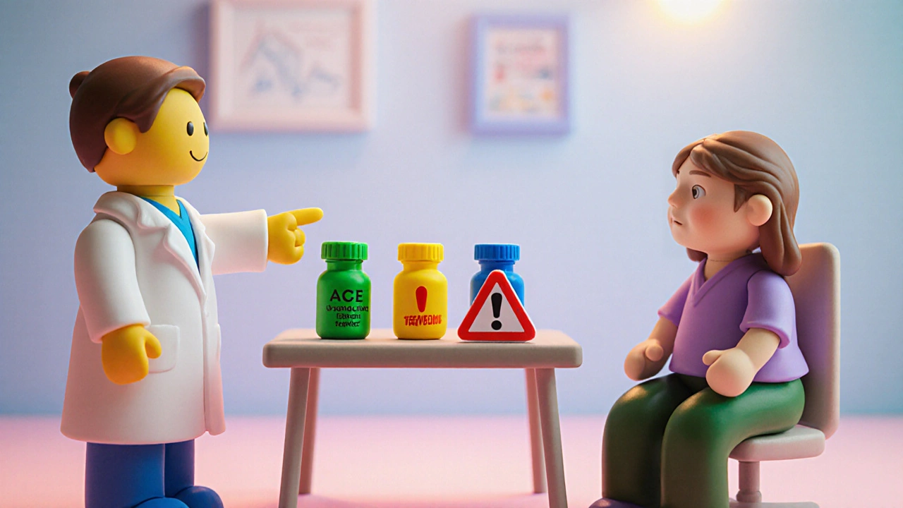 Doctor showing three medication bottles with red alert icons and emergency phone in a clinic.