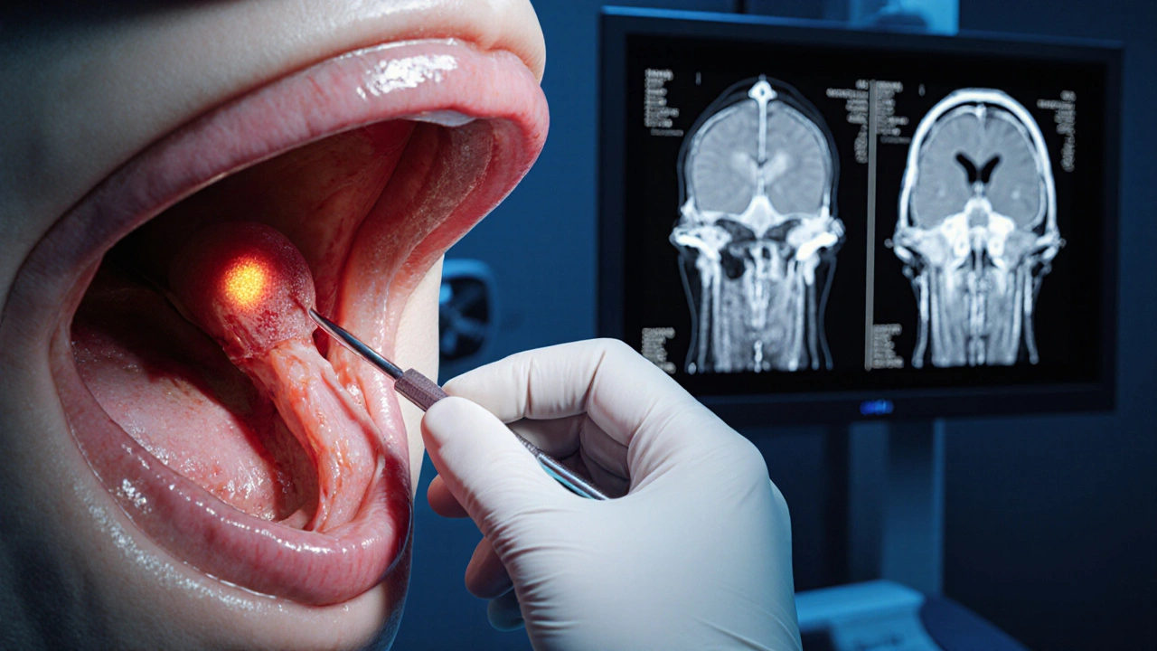 Endoscopic view of transsphenoidal surgery removing a pituitary adenoma.
