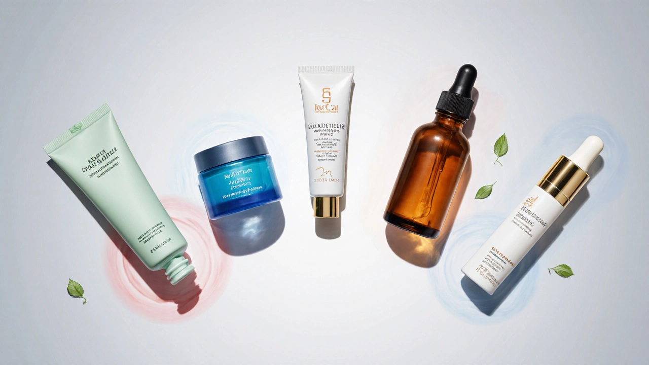 Flat‑lay of four skincare bottles (adapalene, tazarotene, retinol, tretinoin) with color cues for potency.