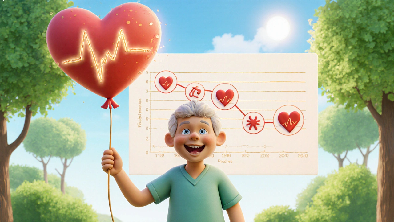 Happy clay patient with a steady‑pulse heart balloon in a sunny park.