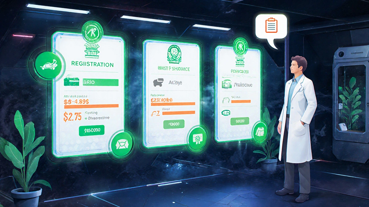 Holographic pharmacy panels show TGA registration, prices, and shipping details with a pharmacist NPC.