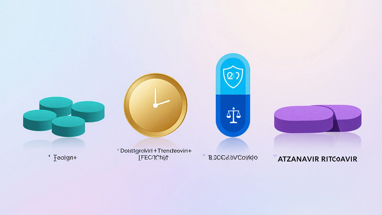 Illustrated row of four HIV treatment options with icons for dosing and side effects.
