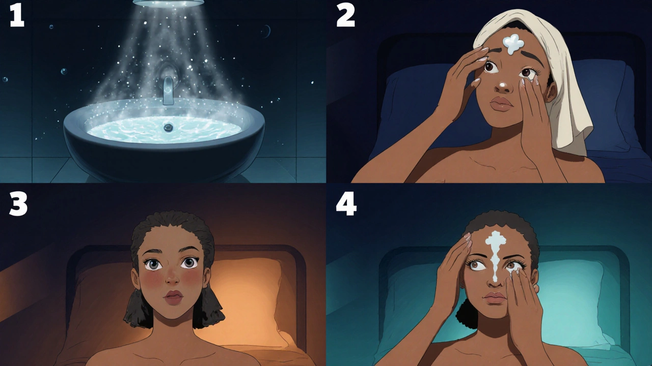 Nighttime routine showing a character washing, drying, applying tazarotene, and moisturizing.