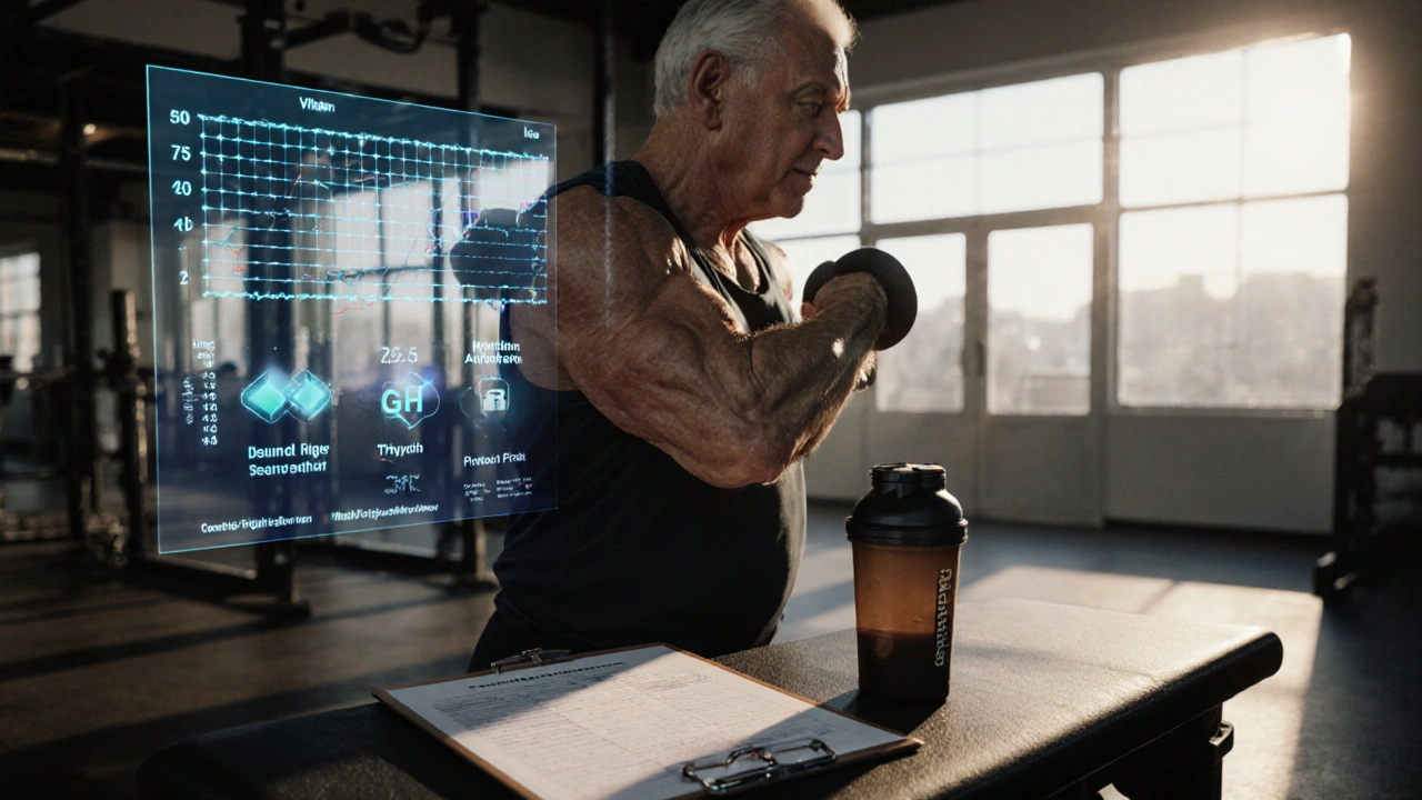 Older adult doing shoulder press, with glowing hormone overlays and lab report nearby.