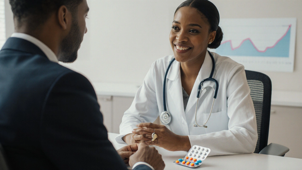 Patient and doctor discussing single‑tablet versus multi‑tablet HIV regimens.