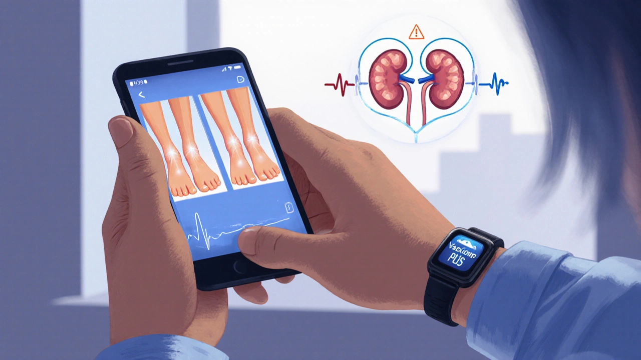 Patient comparing ankle photos with wearable device detecting fluid buildup.