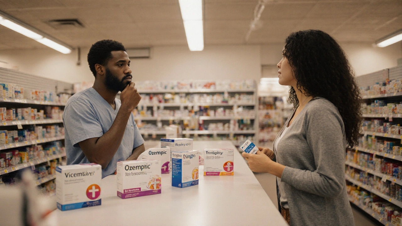 Patient discussing GLP‑1 options with pharmacist in a pharmacy.