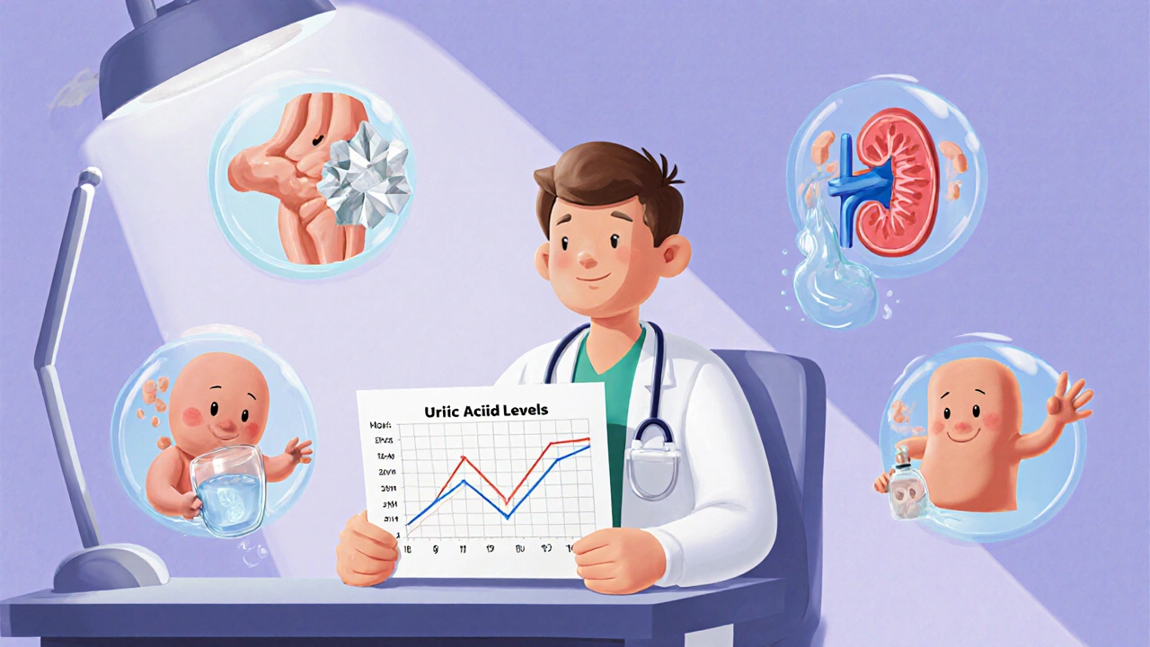Patient surrounded by clay drug characters helping reduce uric acid crystals and tophi