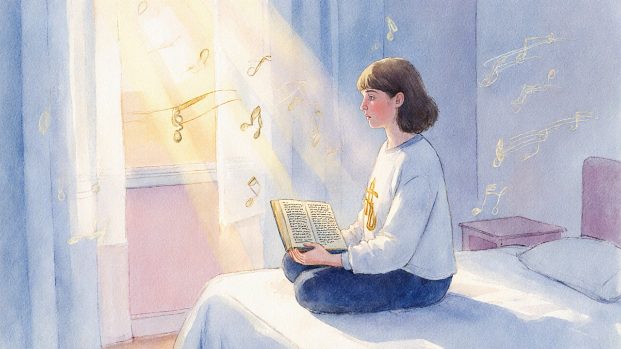 Person meditating at sunrise, reading a sacred text, with soft pastel lighting.