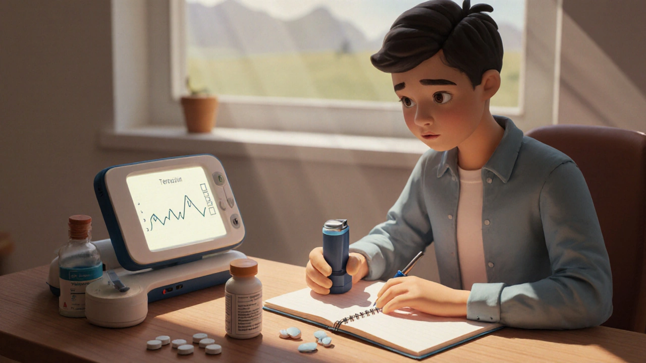 Person writing in a diary with inhaler, spirometry device, and terazosin pills on a desk.