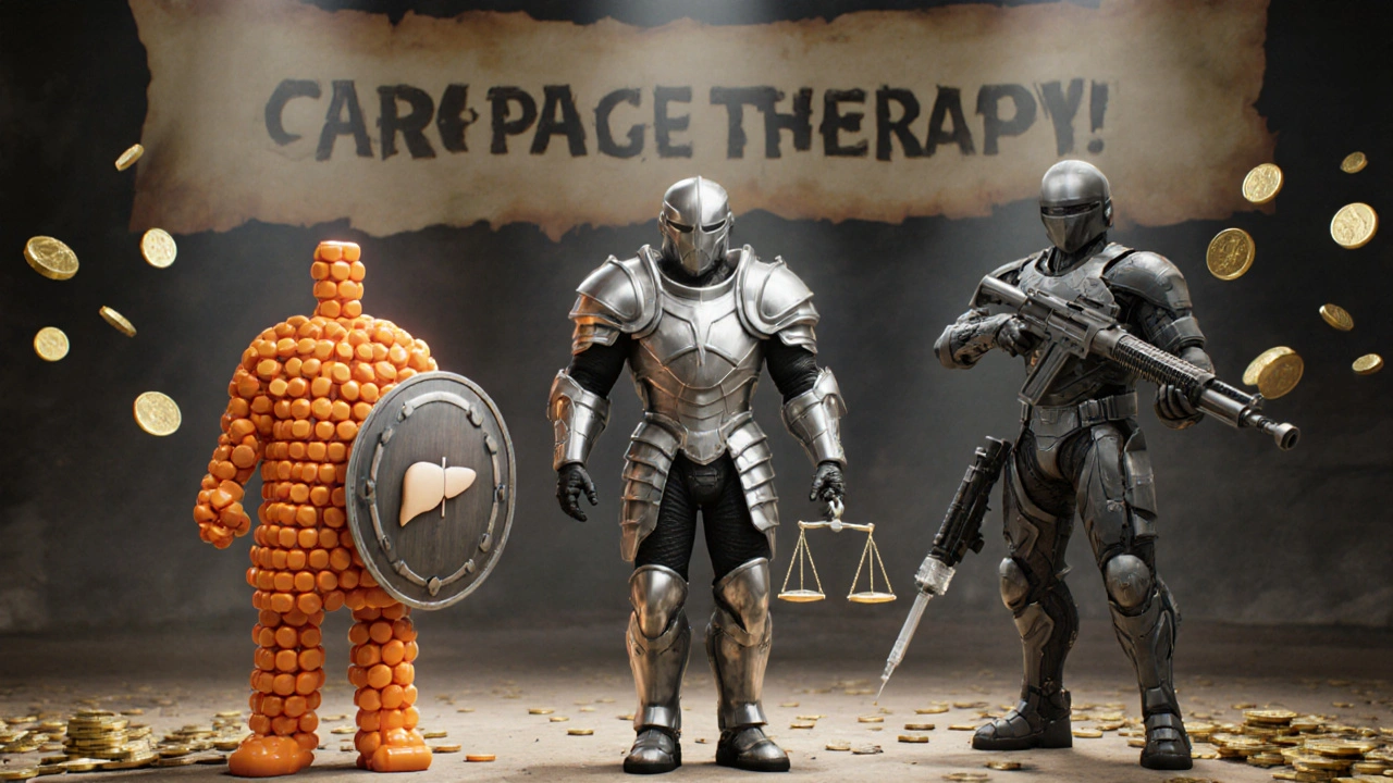 Three hero characters representing Acitretin pills, Methotrexate tablets, and a biologic syringe on a battlefield.