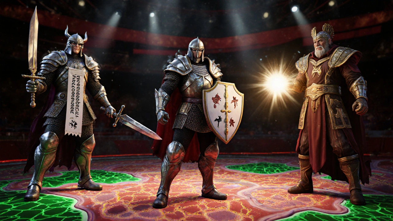 Three retinoid warriors in an arena representing tazarotene, adapalene, and tretinoin.