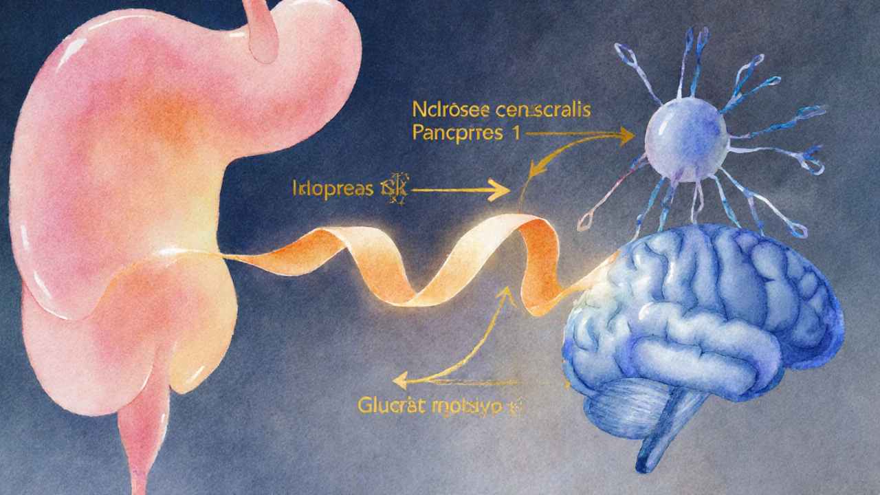 Watercolor diagram of GLP‑1 hormone binding to pancreas and brain cells.