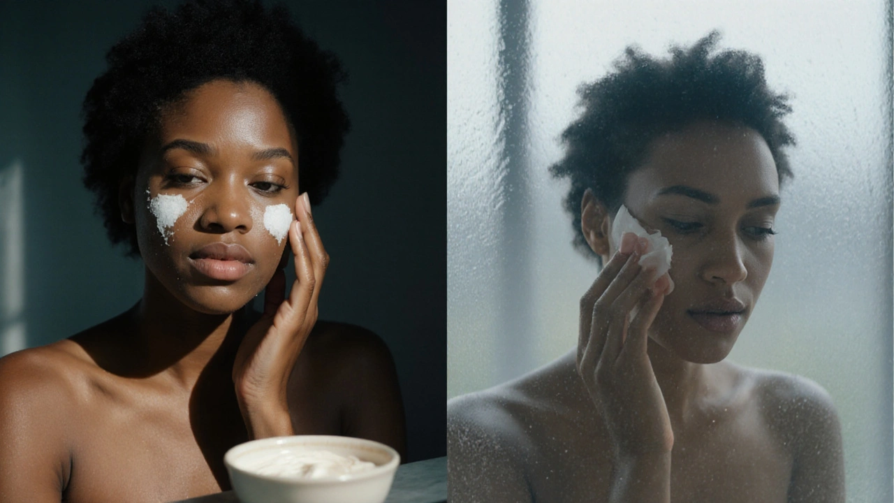 Woman applying cleanser, tretinoin, moisturizer at night, then sunscreen in the morning.