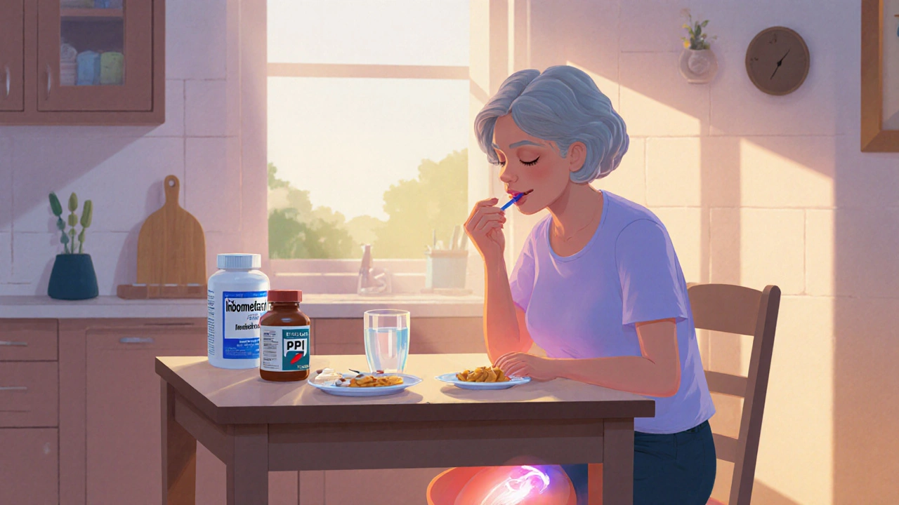 Woman takes indomethacin with a snack and water at home, knee shown with reduced pain.