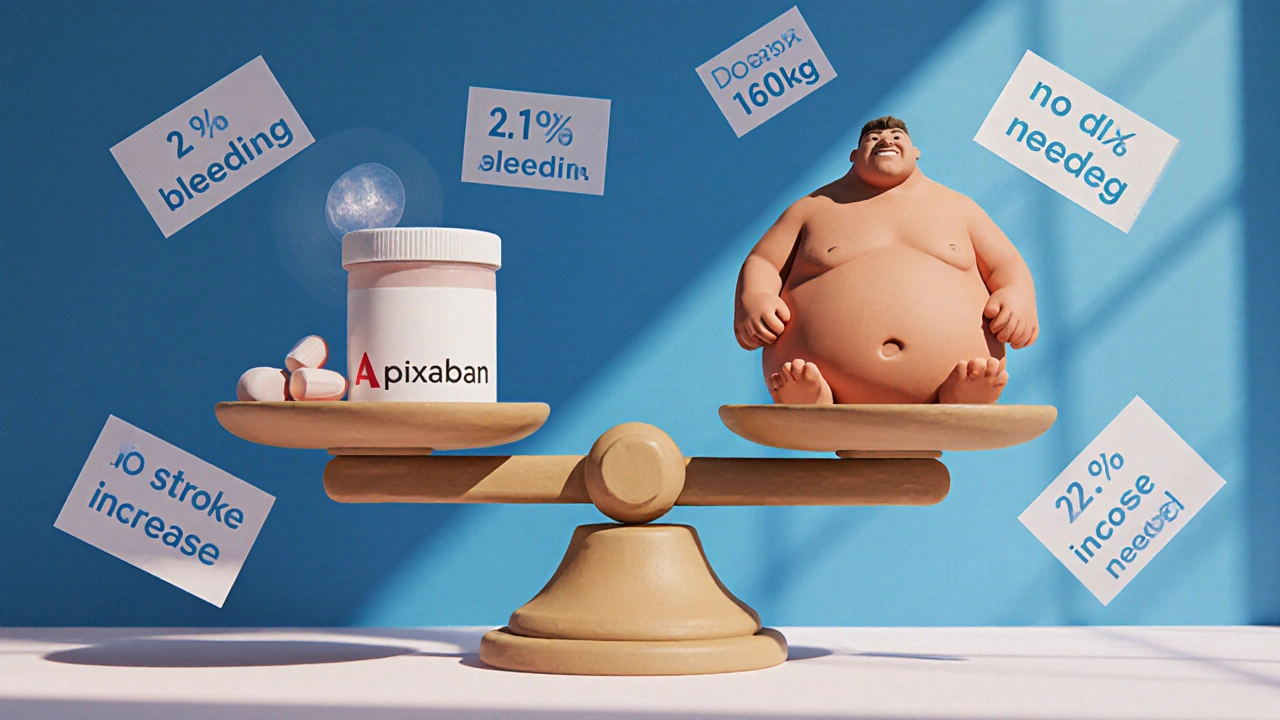 A balanced scale with a standard apixaban pill and a 160kg patient, surrounded by data points showing safety and efficacy in clay rendering style.
