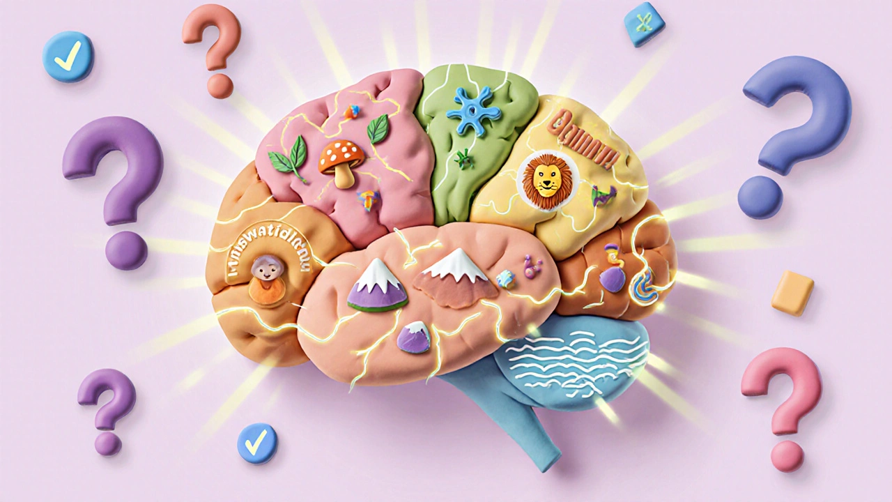 A brain divided into six clay sections, each representing a different brain supplement.