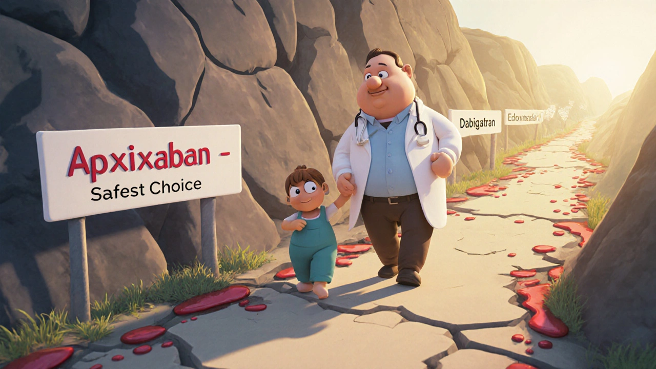 A doctor guides an obese patient toward a safe path labeled Apixaban, while risky alternatives fade behind them in clay illustration style.