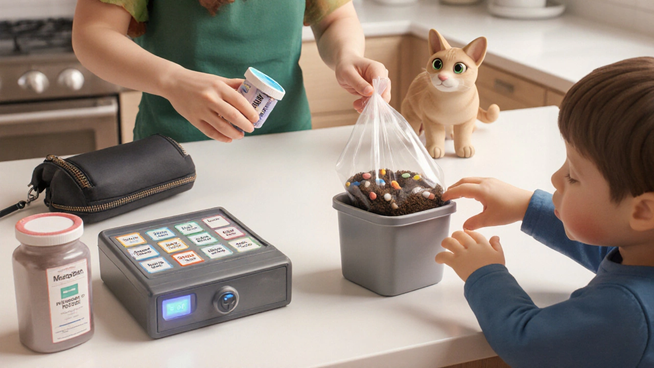 A family disposing of old pills with coffee grounds in a sealed bag, beside labeled locked containers and a Bluetooth-safe, in a clean kitchen.