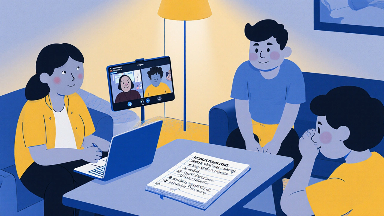 A family participates in a Zoom psychoeducation session, with a symptom journal on the table.