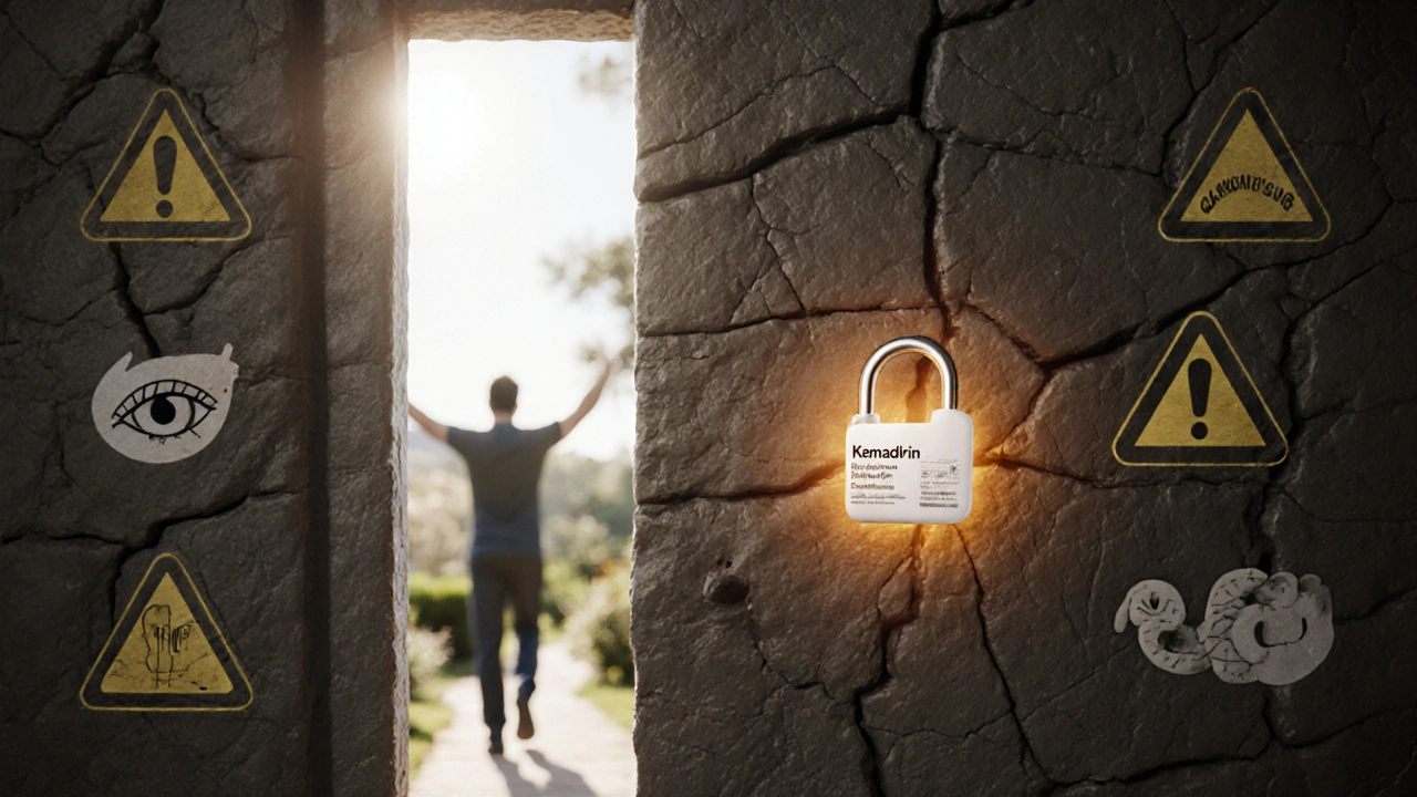A locked muscle door opening with a Kemadrin tablet key, revealing a person walking freely in a garden.