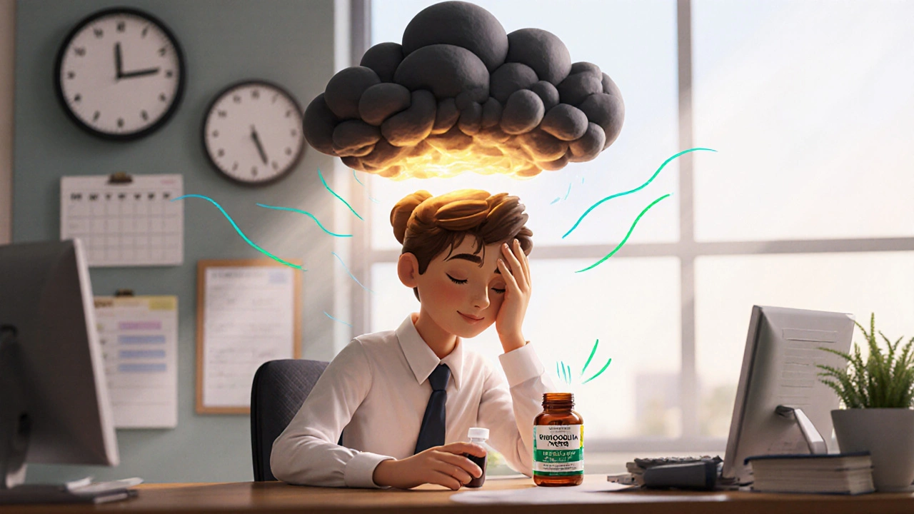 A stressed worker taking Rhodiola, with energy waves dispelling mental fatigue.
